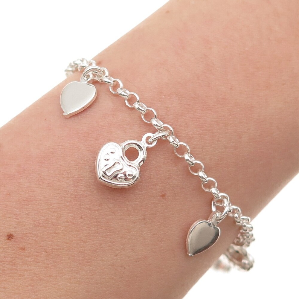 925 Sterling Silver Vintage Heart Lock Dangle Charm Rolo Link Bracelet 7"
